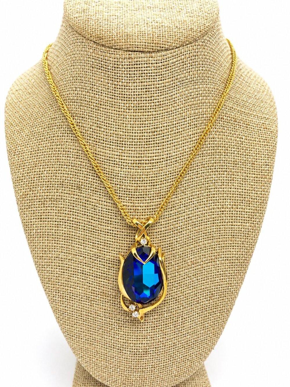 BLUE GLASS PENDANT Gold Tone Faceted Statement Necklace Rhinestone Accent